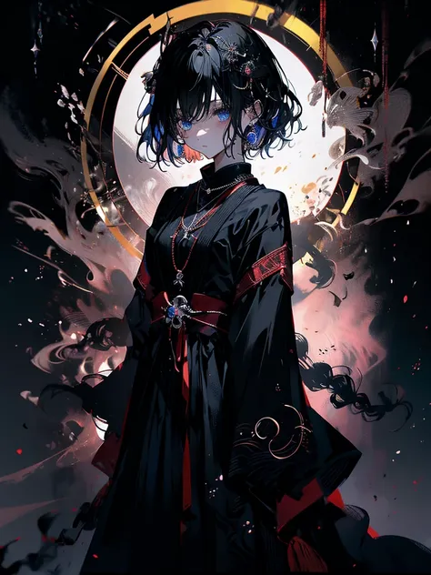 セクシーなドレスを着ています、エッチです、25-year-old girl、Rune background、black magician、Wearing a black robe、mesmerize、cute woman、Elegant hairstyle、indigo hair color、Slightly shorter hair、blue eyes、look at the viewer、masterpiece、Best image、