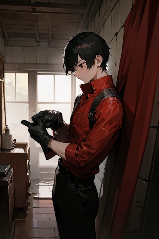 (man)black short hair(red shirt)Young man, black eyes, black slacks Black leather gloves, night, washed house, old room, half body image 
