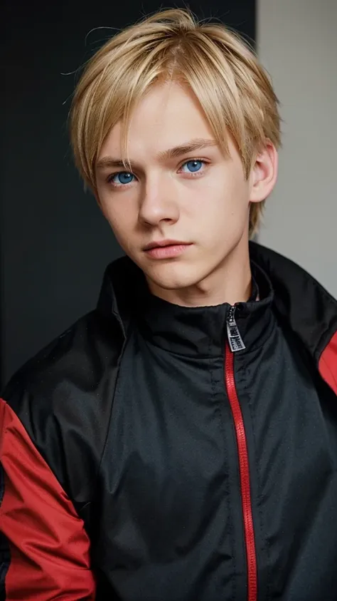 create a 16 year old boy, blonde hair, blue eyes, plain black and red jacket, like boruto