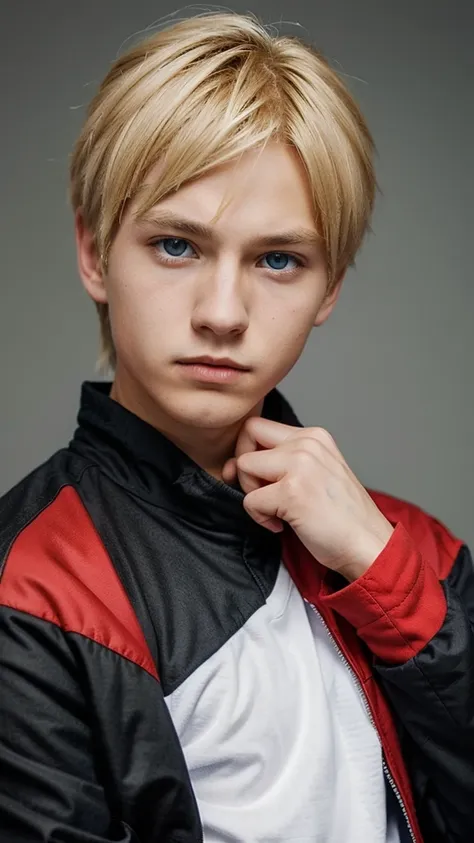 create a 16 year old boy, blonde hair, blue eyes, plain black and red jacket, like boruto