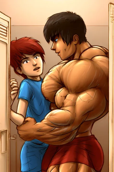 2 children,locker room,muscle size difference,stupid,soft shading, mbbbbb