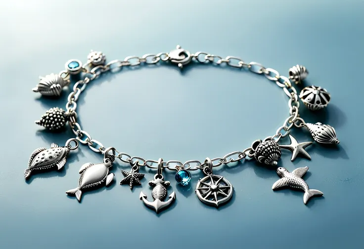 a delicate thin silver chain, a silver bracelet with various marine-themed charms, detailed sea creature charms, intricate charms, realistic detailed charms, delicate jewelry, elegant bracelet, photorealistic, highly detailed, 4k, hyperrealistic, studio li...