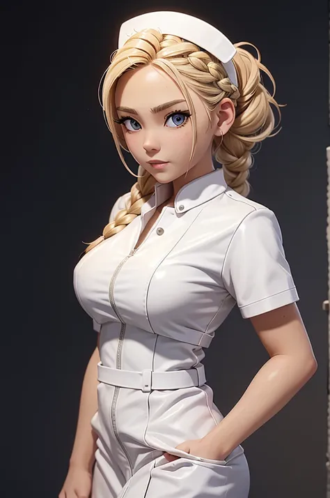 1girl, blonde braided hair, warrior, dressed in glossy white leather, also she's a nurse, on the battle field.