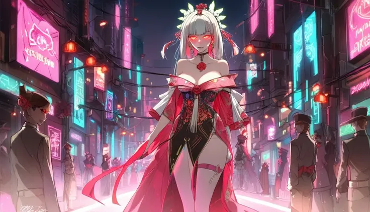 A girl dressed as a courtesan, teenager, one person, cyberpunk, red eyes, glowing eyes, neon street, courtesan procession