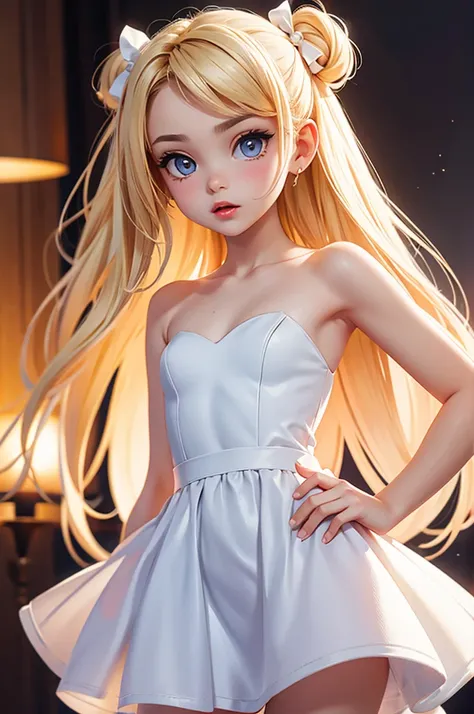 hyperrealistic 14 year old american teen, blonde, perfect tiny body, sexy, dark makeup, perfect slim face, big red lips, very cute face, tiny body, big eyes, young looking, childish looking, all white tight semi transparent dress