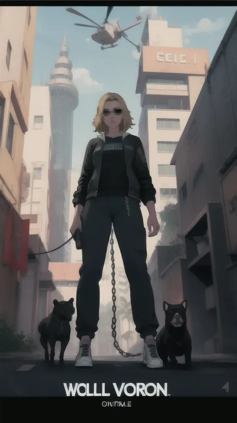 gtav loading screen 2d graphics, wide angle, whole body, blonde girl standing , holding a chiwawa and a pitbull on a chain with ...