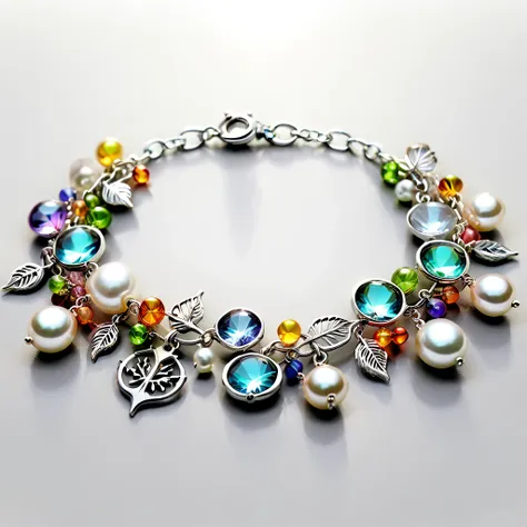 a shiny silver bracelet, marine-themed charms, pearls, transparent colorful beads, delicate thin chain, (best quality, 4k, 8k, h...