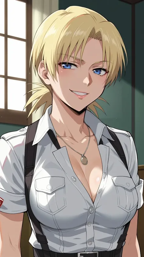 score_9, score_8_up, score_7_up, source_anime, BREAK,  ikuchan, clean color, flat color, 1girl, anime screencap, screencap, seras, hellsing, blonde hair, blue eyes, smug, smirk, ((milf)), ((mature female)), indoors