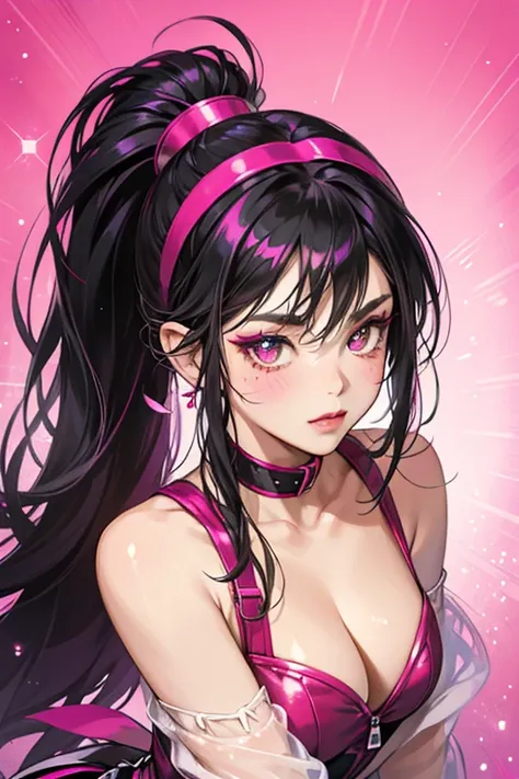 Spice has fair skin with pink lipstick and blush. Her eyes are azure and she has fuchsia eyebrows, and on the lower left corner of her left eye is a beauty mark. She has long black hair pulled into a ponytail, and she wears a cherry headband with horns att...