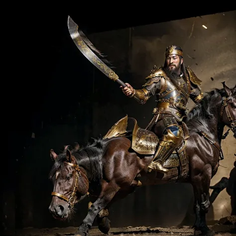 an ancient chinese warrior with wild beard, wearing gold armour, riding on black horse, using long chain weapon to launch attack