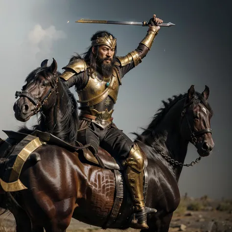 an ancient chinese warrior with wild beard, wearing gold armour, riding on black horse, using long chain weapon to launch attack...