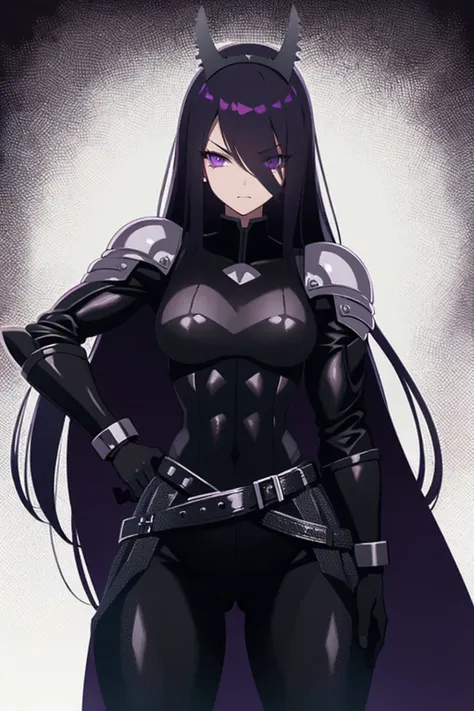 adult woman with long dark purple hair, purple eyes, bowed head, with a black battle belt, dressed in tight gothic clothing, mak...