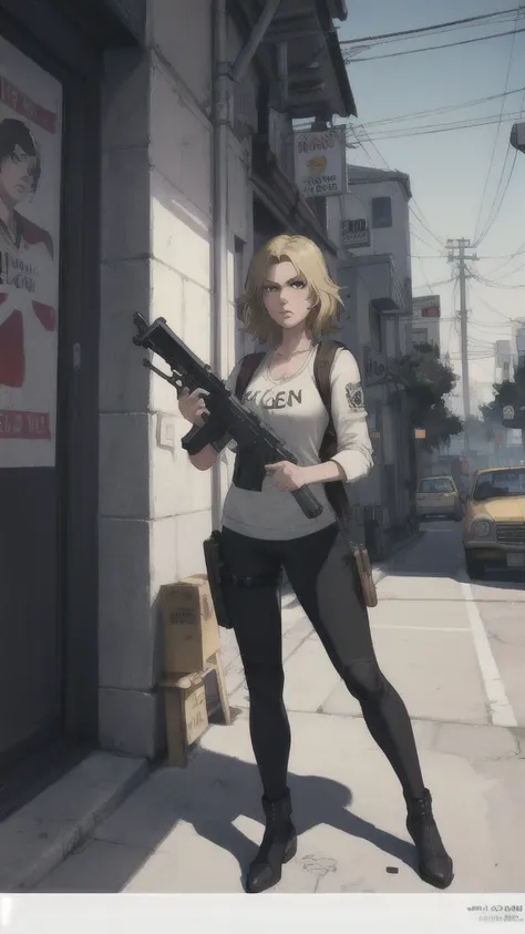 gtav loading screen 2d graphics, wide angle, whole body, blonde girl standing , holding a machine gun and a pitbull, shooting gt...