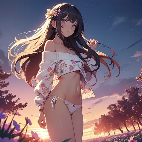 Superflat, Flat Shading, Flat Color, close, Low Angle, Wide-angle, One Girl， 19 years old，off shoulder sweater, (White floral panties:1.2)，Standing in a flowery meadow，At dusk，Beautiful sunrise，dark，Vibrant colors，