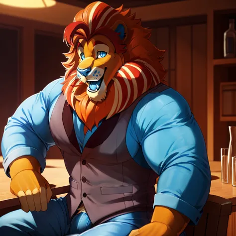 solo, male focus, lloydip, lion, blue eyes, blue nose, blue tongue, mane, vest, shirt, bow, sitting on chair, looking at viewer, smile, open mouth, teeth, detailed bar background, sunlight, masterpiece, intricate, ((detailed face, detailed eyes)), by redru...