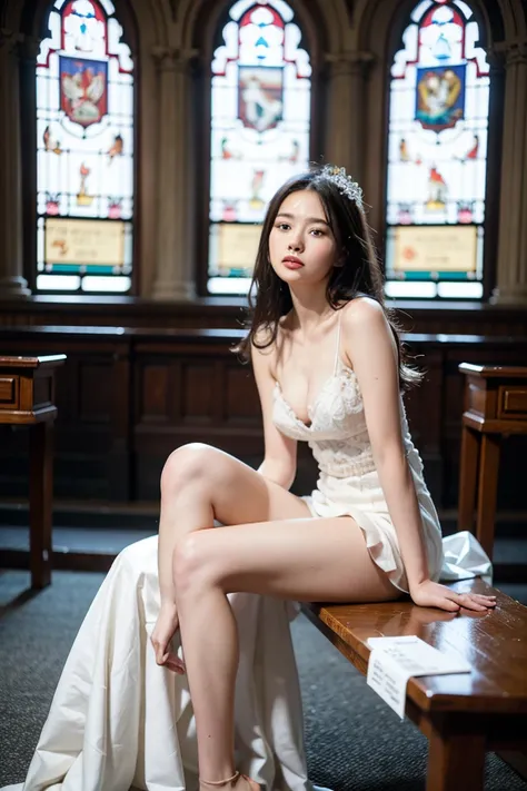 Photograph showing the whole body。She has her legs crossed。(RAW Photos, Highest quality), (Realistic, Photorealistic:1.3), Tabletop, Very delicate and beautiful, Soft Light, (Brown Hair, Straight shoulder-length hair fluttering in the wind), Beautiful deta...