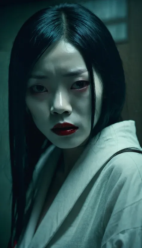 Woman with red sores on her mouth, kuchisake-onna, Detailed facial features, Fine grain, Detailed nose, Detailed lips, Long black hair, Pale skin, Wear a surgical mask, Horror, Dark mood, Chiaroscuro lighting, Structure of the film, Dramatic lighting, Gloo...