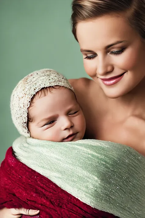 Beautiful baby in his mothers arms, blond and slightly disheveled hair, emerald green eyes, wrapped in blanket, smile, intricate, realism, art in the style of photographs for magazines.