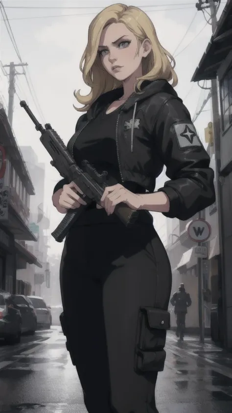 gtav loading screen 2d graphics, wide angle, whole body, blonde girl standing , holding a machine gun and shooting, gta5 charact...