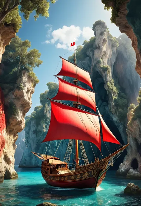 professionalfoto. a Baroque sailboat.scarlet sails.in a beautiful grotto.