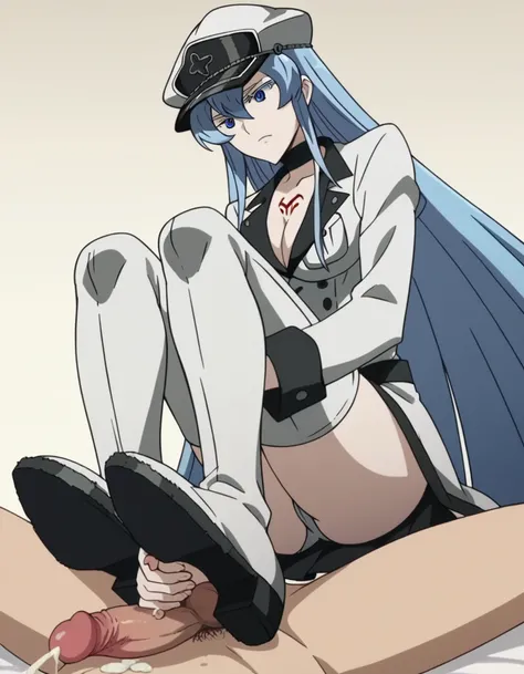 masterpiece, high quality, best quality, 1girl, esdeath, long blue hair, white peaked cap, blue eyes, white military uniform, long sleeves, white thigh high boots, choker, cleavage, anime screencap, anime key visual, femdom, sadism, penis, testicles, tramp...