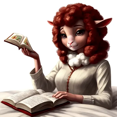 Perfect centering, Cute sheep, While reading a picture book on the bed、I feel sleepy。Abstract Beauty, Centered, Looking into the camera, To the camera, Approaching perfection, dynamic, Very detailed, Smooth, Sharp focus, 8K, High resolution, figure, art：Ca...