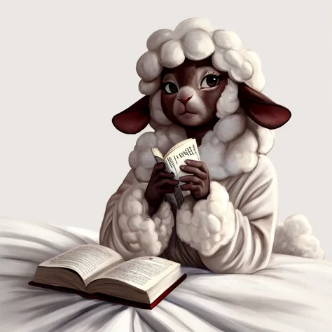 Perfect centering, Cute sheep, While reading a picture book on the bed、I feel sleepy。Abstract Beauty, Centered, Looking into the camera, To the camera, Approaching perfection, dynamic, Very detailed, Smooth, Sharp focus, 8K, High resolution, figure, art：Ca...