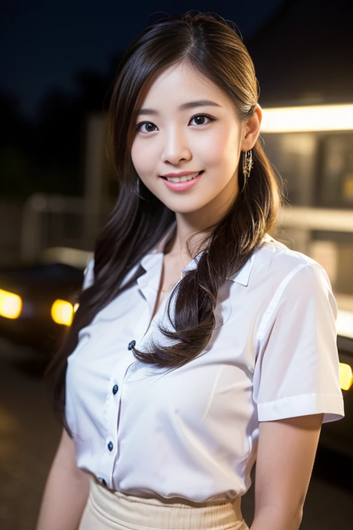 (a gorgeous lady, age 22, Formal Office Lady, white shirt and mini-skirt, natural pose under night sky, DeLorean Time Machine, dimpled smile, short ponytail, cute snaggletooth, ample round bosom, photorealistic, beautiful detailed eyes, beautiful detailed ...