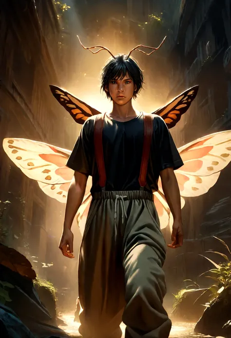 1 anime boy, black hair, moth wings, moth antennae, black t-shirt, baggy sweatpants, suspenders, detailed face, dramatic lighting, cinematic atmosphere, fantasy, digital art, highly detailed, sharp focus, photorealistic