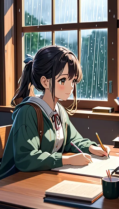 A girl studying at the desk, with rain in the window, cute clothes, cozy ambiance, 8K, Detailed.