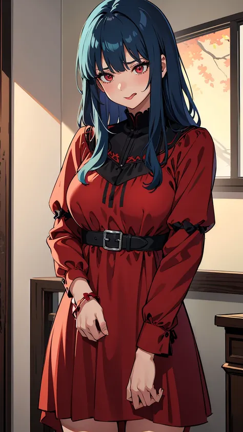 Woman1,cowboy shot,blue hair,red eyes,parted bangs,(Sleeping Dress,Shy,embarrassment,background in the room,taking out the tongue),HD,highly detailed