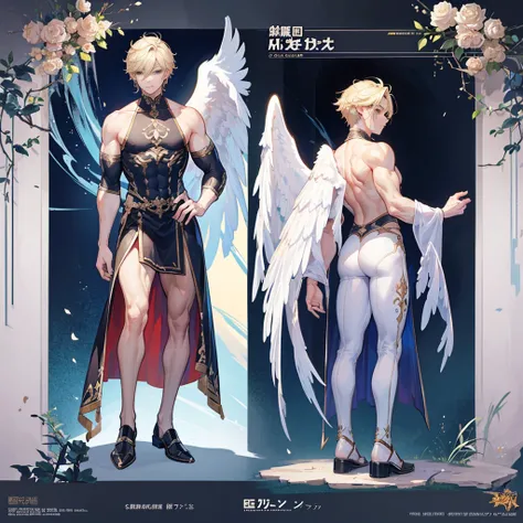 (Masterpiece, best quality), detailed, 1 man, ((character concept art)), ((character design sheet, same character, front, side, back)), full body, body complete, 1 Male angel, 1 Man angel, Detailed face, character design sheet，full bodyesbian, Highly detai...