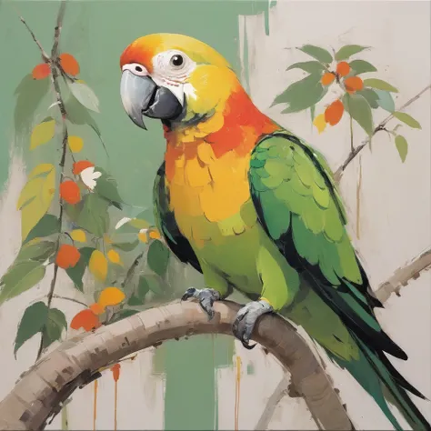  Impressionist painting by Wu Guanzhong, minimalism, uniform coloring, Fauvism, Oil painting, candid portrait, Carolina parrot, Carolina conures,  small green neotropical parrot with bright yellow head, reddish-orange face, and pale beak “Abstract beauty i...