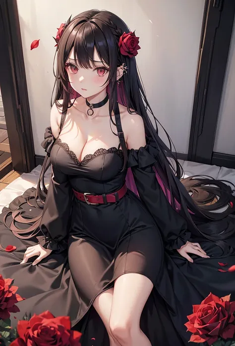 slender, mature female,rose, red_rose, red_flower, flower, 1girl, breasts, rose_petals, cleavage, long_hair, rating:safe, large_breasts, black_rose, dress, black_dress, solo, thorns, camellia, choker, looking_at_viewer, collarbone, very_long_hair, pink_ros...