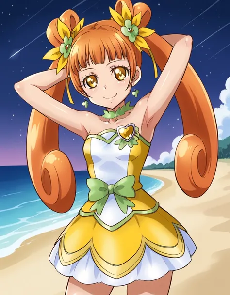 curerosetta, shiny skin,  high quality, solo, 1girl, night sky, beach, arms behind head, (contrapposto), closed mouth, spread ar...