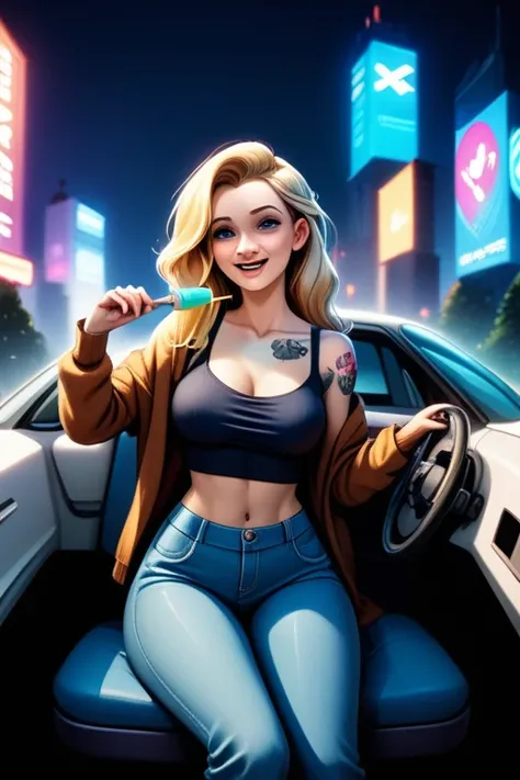 tall woman(blue eyes; long, wavy blonde hair; large breasts; pale skin tone; happy; LED cyberpunk tattoos), Disney-style cgi, working in an ice cream van at the park; indoor bedroom at night with low romantic lighting; futuristic; dystopian; cyberpunk; bes...