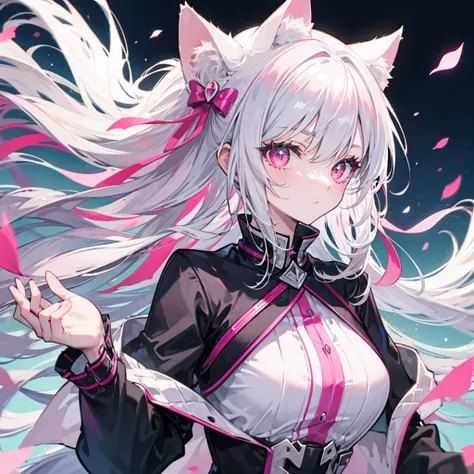 pretty girl,Cat ear, Beautiful silver hair,Pink inside,Beautiful pink eyes