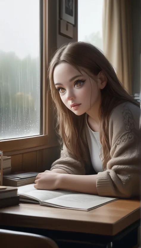 a girl studying at a desk, rain in the window, cute clothes, cozy ambiance, (best quality,4k,8k,highres,masterpiece:1.2),ultra-detailed,(realistic,photorealistic,photo-realistic:1.37),detailed face, beautiful detailed eyes, beautiful detailed lips, extreme...