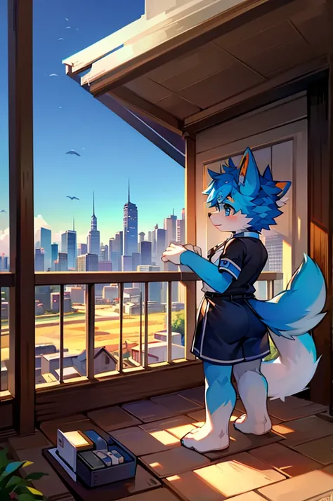 Blue fur, Canine, fox motif, boy, uniform,expensive，One person，Stand up on your own feet，expensive，Cityscape，thin tail，expensive，，Rural Scenery，