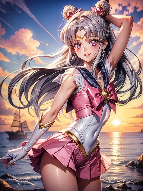 Silver hair, pink eyes, woman, sun and cloud background, pink red gold clothes, hair bows, happy face, sailor moon outfit , sexy