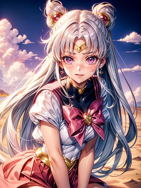 Silver hair, pink eyes, woman, sun and cloud background, pink red gold clothes, hair bows, happy face, sailor moon outfit , sexy