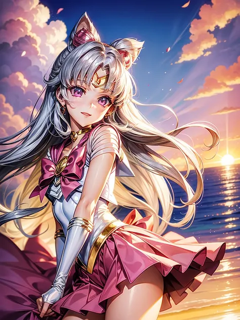 Silver hair, pink eyes, woman, sun and cloud background, pink red gold clothes, hair bows, happy face, sailor moon outfit , sexy