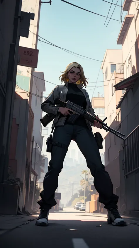 gtav loading screen 2d graphics, wide angle, whole body, blonde girl holding a machine gun and shooting, gta5 character, cinemat...