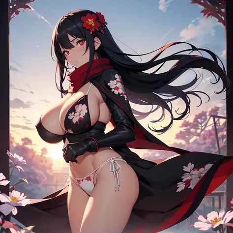 Superflat, Flat Shading, Flat Color, close, Low Angle, Wide-angle, One Girl， 19 years old, Female Ninja, long braided black hair, (huge breasts:1.4)，Red Scarf, ninja armor, (White floral panties:1.4), black gloves,  Standing in a flowery meadow，At dusk，Bea...