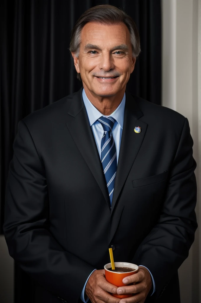 a 69 year old man in a black suit, Jair Bolsonaro, smiling at the camera, holding a cup in his right hand, detailed face, blue eyes, (best quality,4k,8k,highres,masterpiece:1.2),ultra-detailed,(realistic,photorealistic,photo-realistic:1.37),portrait,studio...