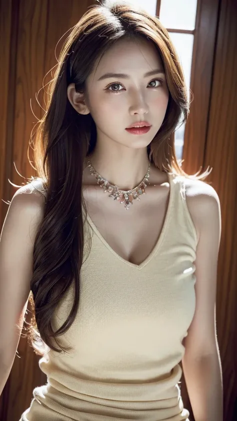 ((On the table)), (Very detailed), ((Actual)), (Better Quality), Very beautiful woman，Wear a unique and gorgeous dress or necklace, long and silky hair, Wavy Hair, And a beautiful red and white skirt. Her eyes are shining. (((whole body))), 8k smooth, Dist...