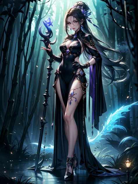 (((masterpiece, best quality, high detailed, 8k))) Design a layout showcase Gaming character, (1girl). Dark+Purple elegant witch attire, stylish and unique. ((weapon:1.4)), enchanted staff. (masterpiece:1.2), (best quality), 4k, ultra-detailed. (luminous l...