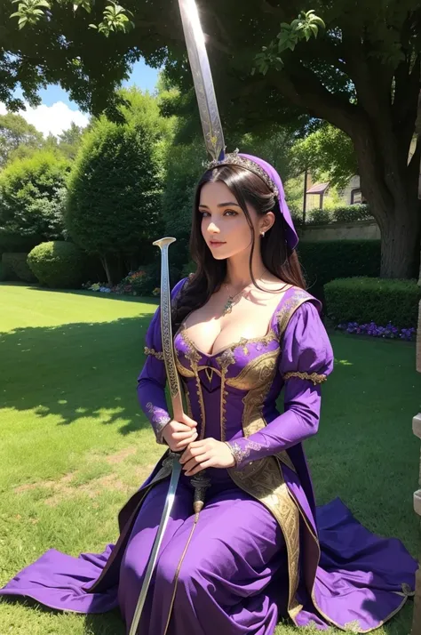 A very beautiful beautiful woman in medieval times dressed in purple holding a sword on a lawn 