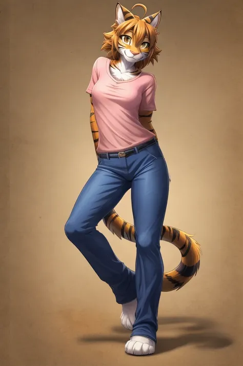 Flora from Twokinds,cute Tiger girl,female furry,furry,multicolored fur,White belly,white chest,white inner thighs,orange body fur with black stripes,full body covered by fur,cat tail,tiger tail,animal ears,cat ears,(ahoge:1.3), long brown orange hair,(big...