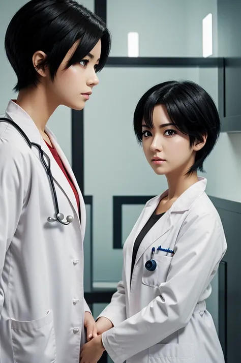 Anime style female character doctor stone short black hair red eyes white skin looking serious 